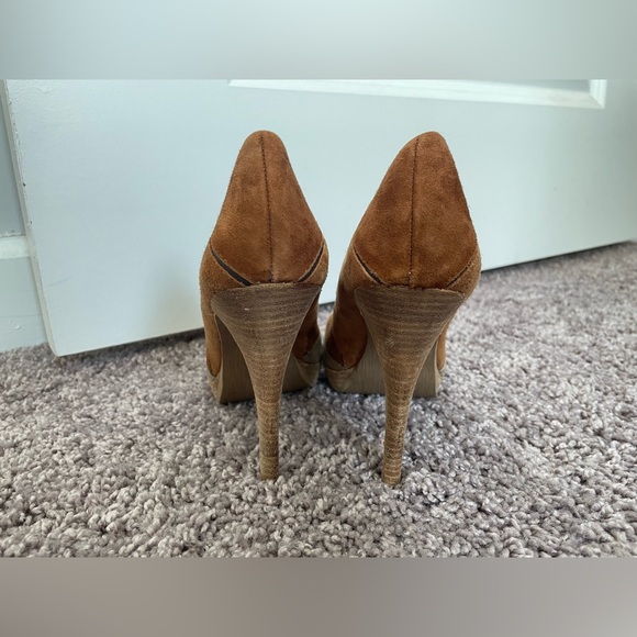 Levity Shoes Suede Cognac Peep Toe Pumps - Picture 2 of 6